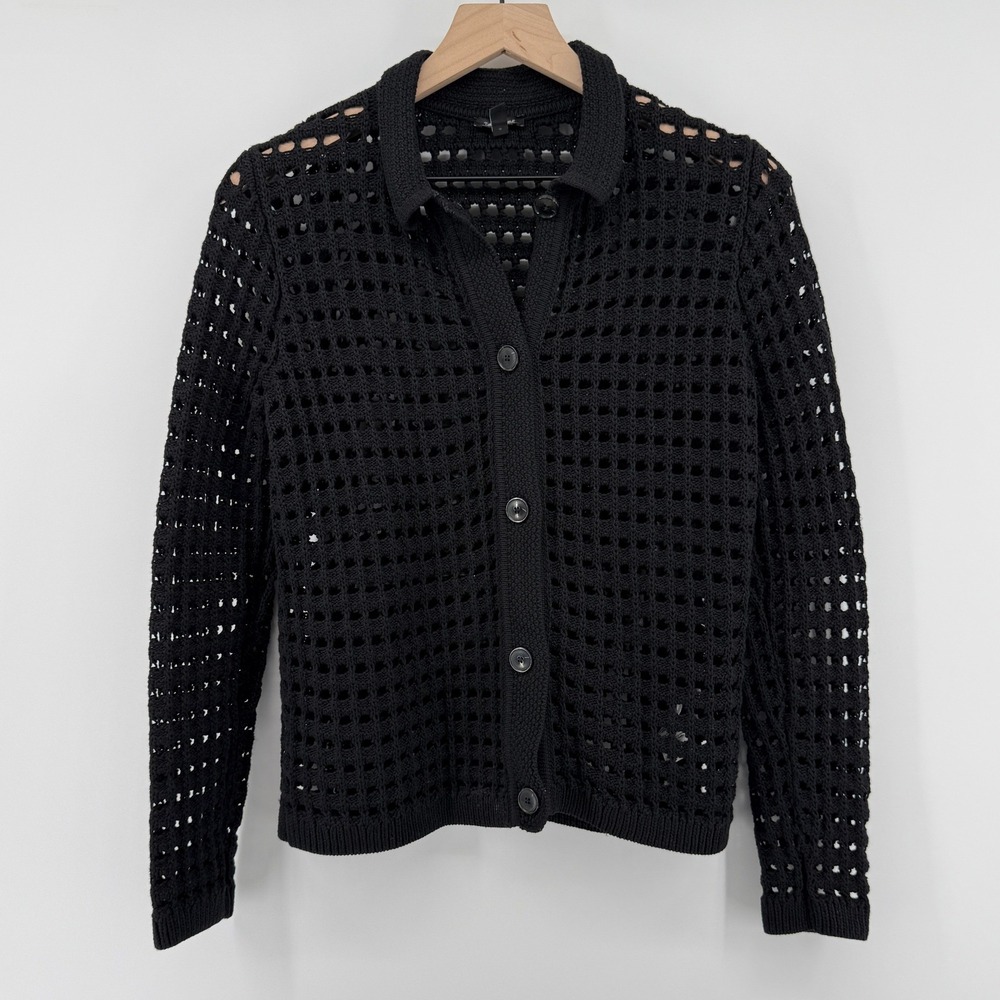 Talbots Open Stitch Polo Cardigan Sweater Black Women S Petite Button Front Knit